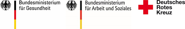 Logos: Bundesministerium für Gesundheit, Bundesministerium für Arbeit und Soziales und Deutsches Rotes Kreuz