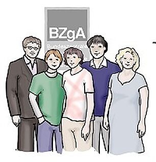 eine Gruppe Menschen, die vor dem BZgA Logo stehen
